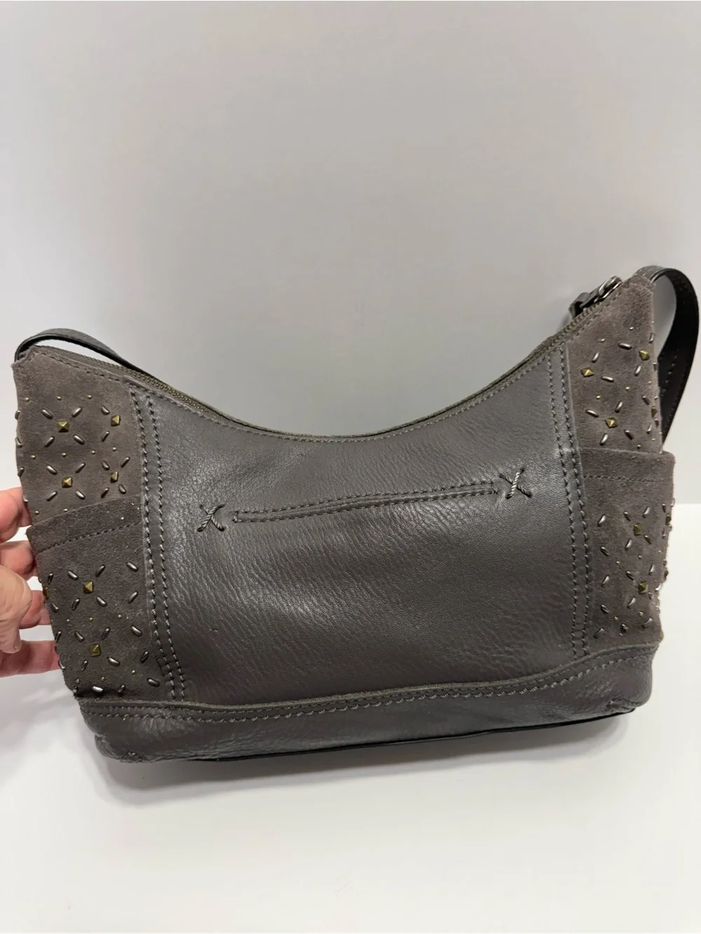 The Sak Gray, Leather, Studded, Hobo Shoulder Bag, Spacious Interior, Beautiful